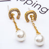 Letter C Crystal Pearl Stud Earrings Women Rose Gold Silver Rhinestone Tassel Chain Statement Charm Dangle Eardrop Ear Jewelry