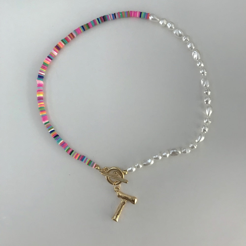 Letter Initial Simulated Pearl Polymer Clay Necklace Soft Pottery Choker Colorful Surfer Bead Collar Handmade Femme Jewelry Gift