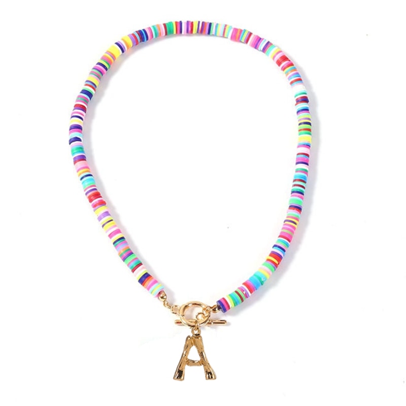 Letter Initial Simulated Pearl Polymer Clay Necklace Soft Pottery Choker Colorful Surfer Bead Collar Handmade Femme Jewelry Gift