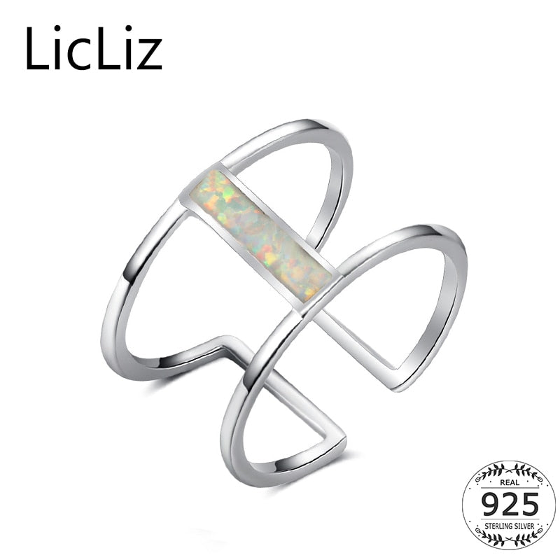 925 Sterling Silver Adjustable Rings For Women Rectangle White Opal Rings Double Layer Rings Finger Wedding Band LR0377