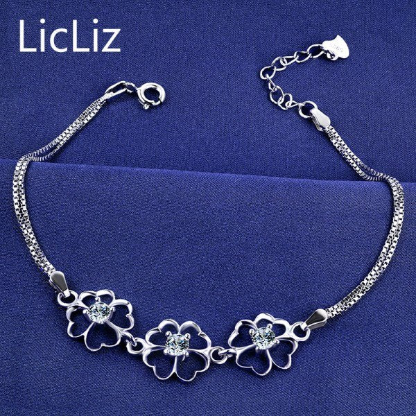 925 Sterling Silver Flower Charms Bracelets Women Double Layer Box Chain Wristband Cubic Zirconia Bracelet Bangles LB0110
