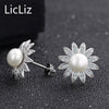 925 Sterling Silver Pearl Stud Earrings Post Earing Women Paved Cubic Zirconia Sun Flower Studs Earring LE0370