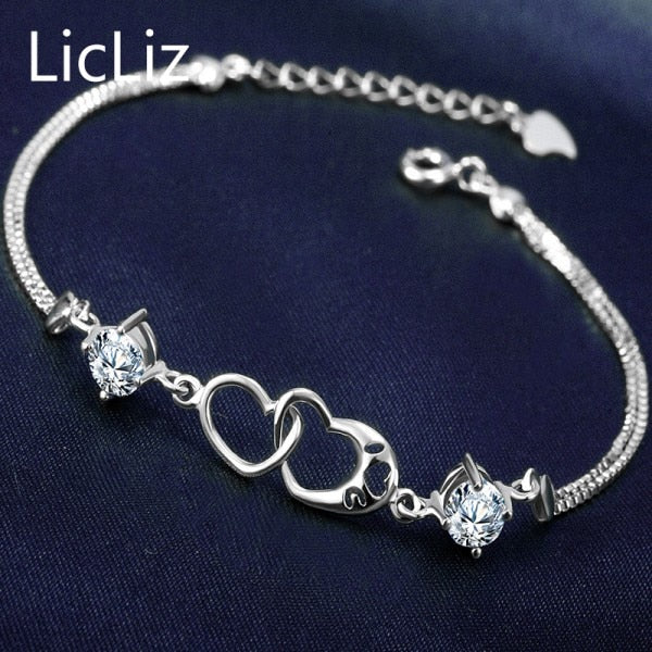 925 Sterling Silver Heart Bracelet Bangles Women Adjustable Double Layer Chain Wristband Cubic Zirconia Bracelets LB0114
