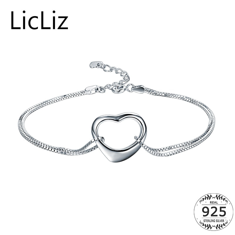 925 Sterling Silver Heart Charm Bracelet For Women Double Layer Box Chain Handcuff Bangle Dangle Pendant Bracelets LB0113