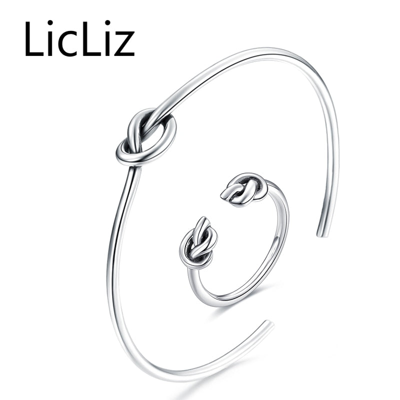 925 Sterling Silver Jewelry Set Bracelet and Rings Set Women Knot Bangle Ring Open Jewelry Punk Set Vintage 2020 LS0003