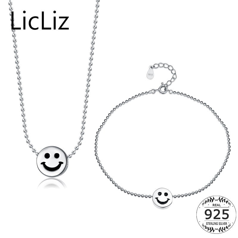 925 Sterling Silver Jewelry Sets For Women Round Pendant Necklace And Bracelet Set Beaded Face Emoji Necklace Set LS0011