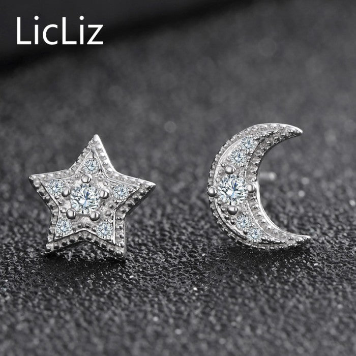 925 Sterling Silver Moon Star Stud Earrings Women Post Pierced Ear Studs Mismatched Cubic Zirconia Earring Stud LE0339
