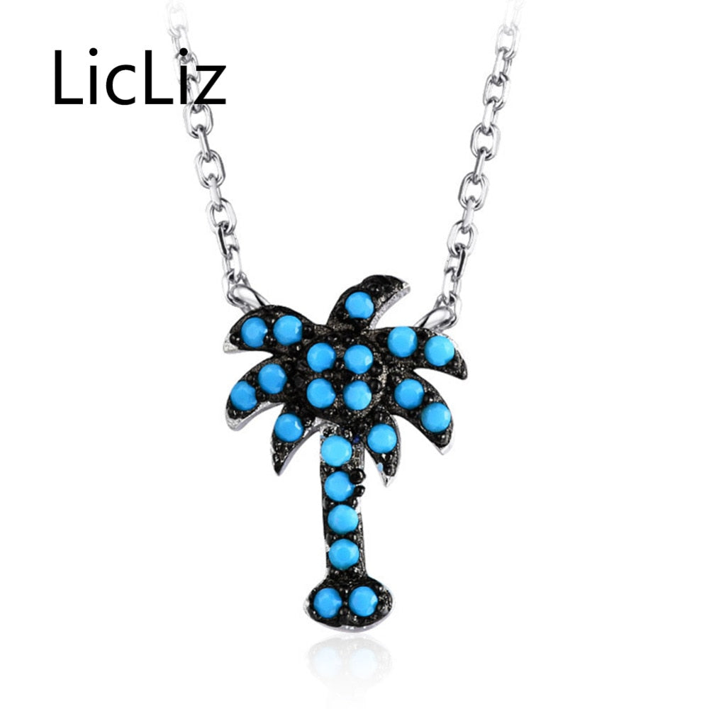 925 Sterling Silver Turquoise Pendant Necklace for Women Trendy Coconut Tree Necklace Jewelry Colgantes Mujer Moda LN0381