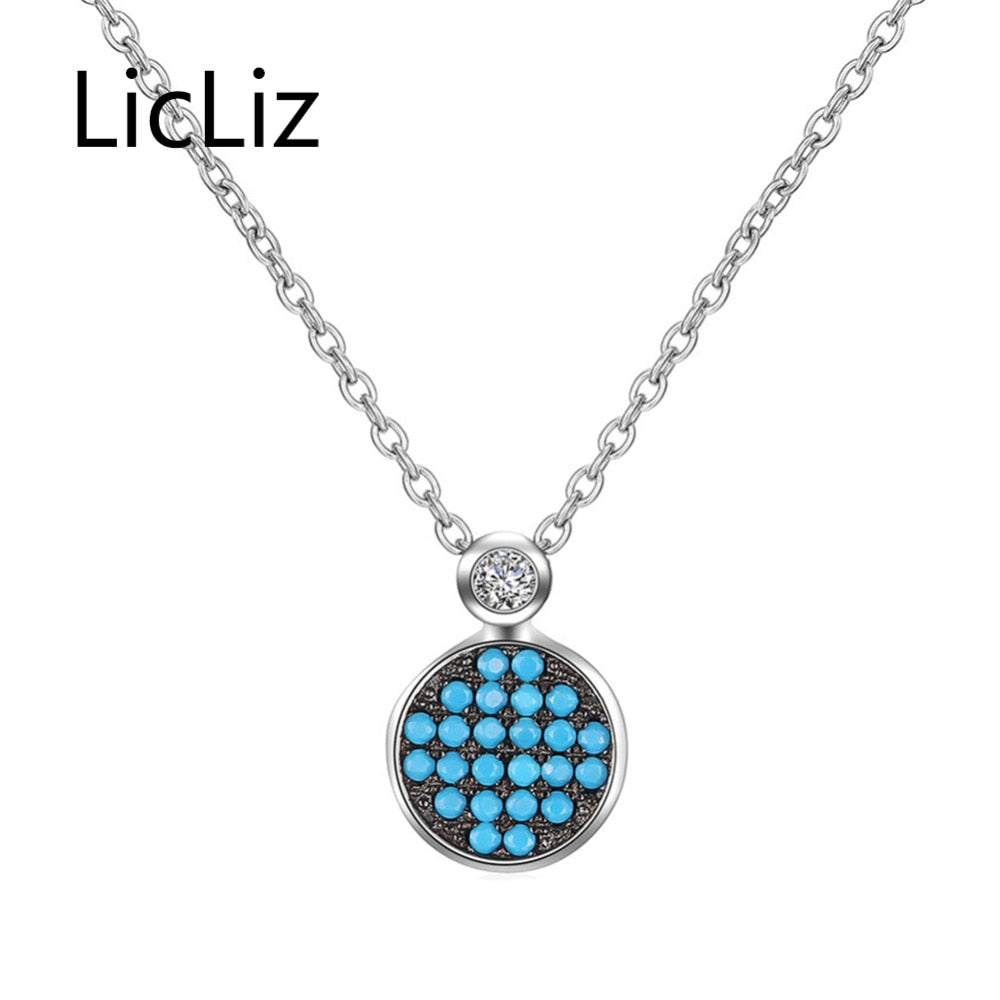 925 Sterling Silver Zircon Turquoise Pendant Necklace for Women Round Pendant Jewelry Colgantes Mujer Moda Cadenas LN0382