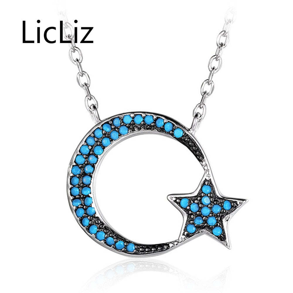 Fashion Moon and Star Pendant Necklace for Women 925 Sterling Silver Turquoise Necklace Jewelry Colgantes Mujer LN0394