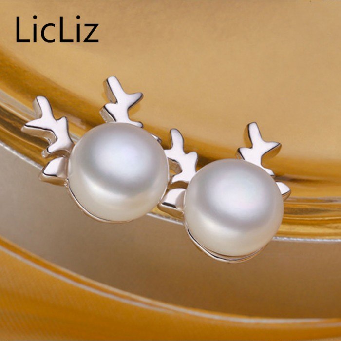 Pearl Deer Earrings Women Christmas Gift Natural Stone Stud Earrings 925 Silver Animal Earing Studs LAE0039