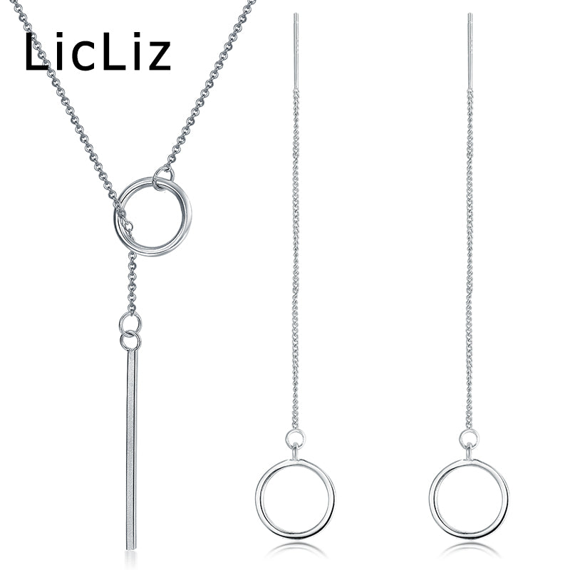 Long Necklace Chain Earrings Jewelry Sets for Women Silver 925 Sterling Circle Set Earring Necklace Chain Girls LS0006