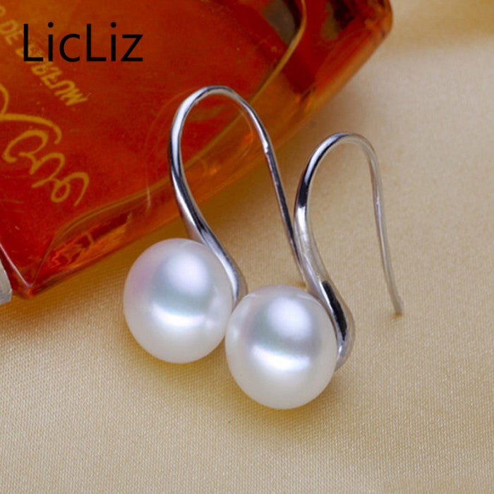 Pure 925 Sterling Silver Dangle Earrings Women Round Natural Pearl Hook Earrings Ear Drops Brincos LAE0009