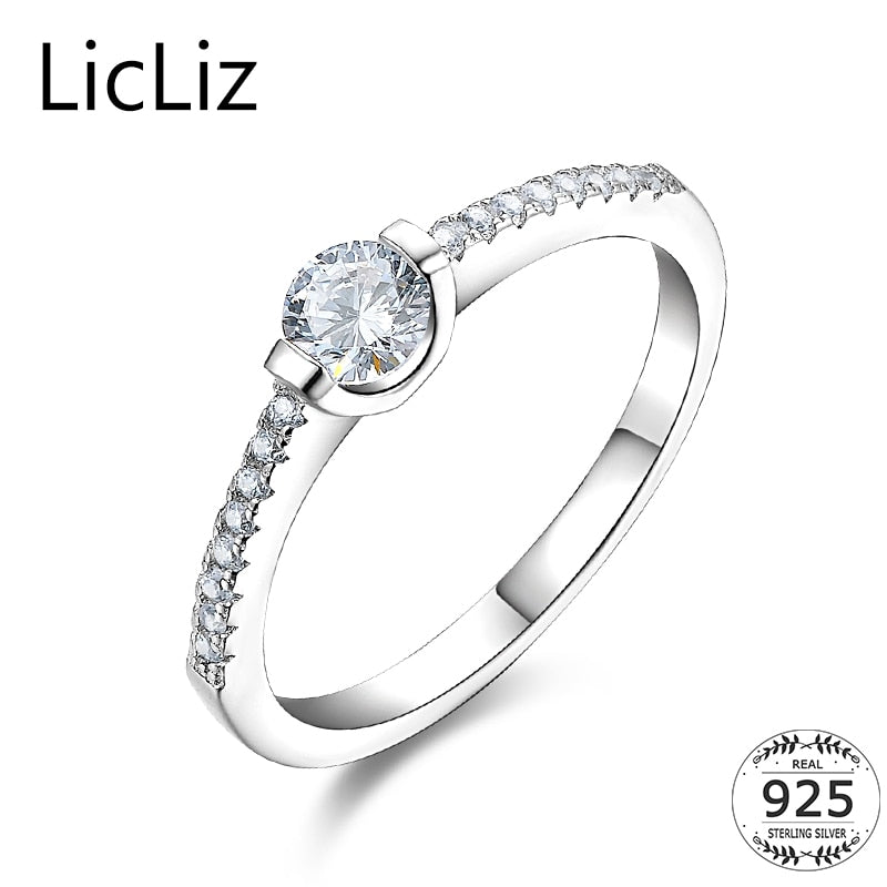 Real 925 Sterling Silver CZ Solitaire Ring Wedding Band Engagement Rings Pave Cubic Zirconia Eternity Rings Women LR0422