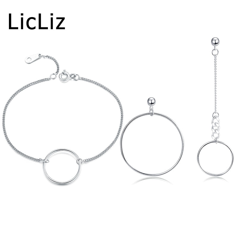 Silver Set Earring Bracelet 925 Sterling Circles Jewelry sets for Women Bracelet Chain Earrings Dangle Set Trendy LS0005