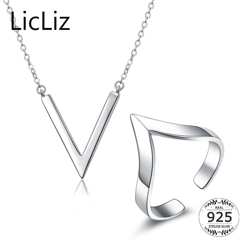 Simple Triangle Jewelry Sets For Women Letter V Necklace Set 925 Sterling Silver Set Pendant Necklace Ring Set LS0015