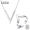 Simple Triangle Jewelry Sets For Women Letter V Necklace Set 925 Sterling Silver Set Pendant Necklace Ring Set LS0015