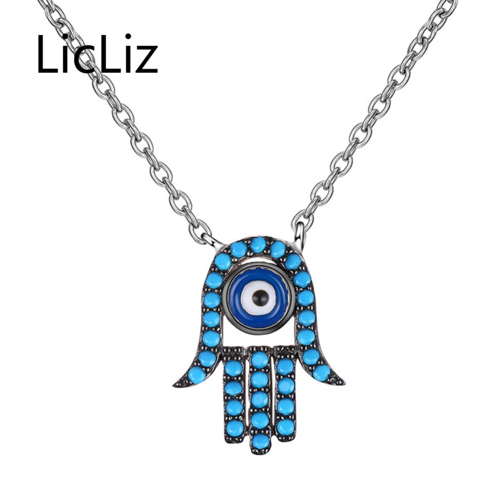 Turquoise Pendant Necklace for Women 925 Sterling Silver Hamsa Hand Pendant Jewelry Colgantes Mujer Moda Cadenas LN0386