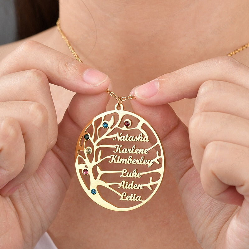 Life of Tree Family 1-6 Names Pendant Necklace Personalized Stainless Steel Nameplate with Birthstone For Women Men Jewelry Gift