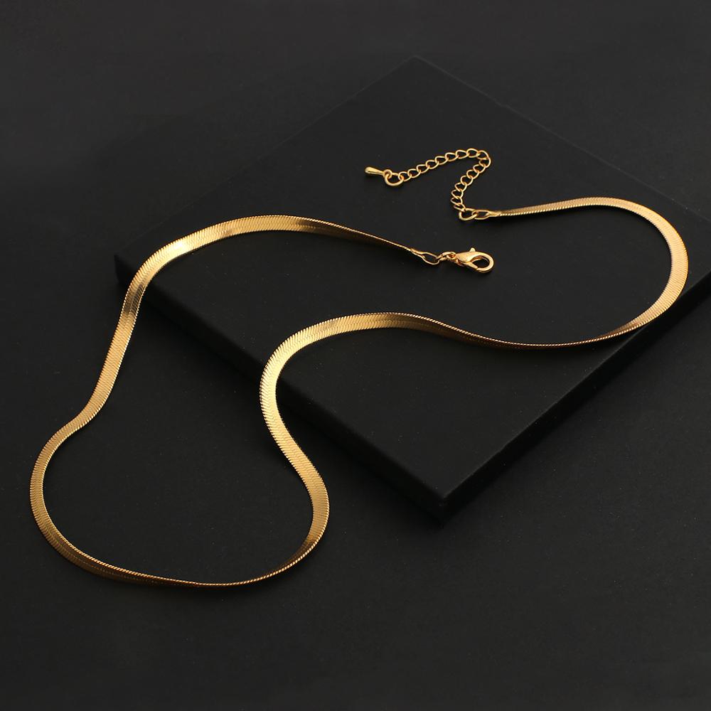 Lifefontier Simple 3mm Gold Color Metal Snake Chain Necklace for Women Girls Flat Herringbone Link Choker Necklaces Chic Jewelry