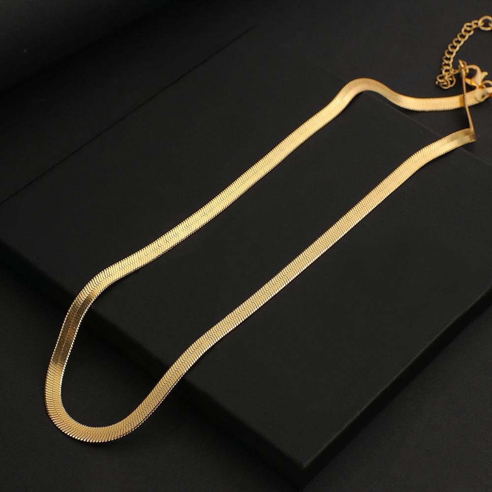 Lifefontier Simple 3mm Gold Color Metal Snake Chain Necklace for Women Girls Flat Herringbone Link Choker Necklaces Chic Jewelry