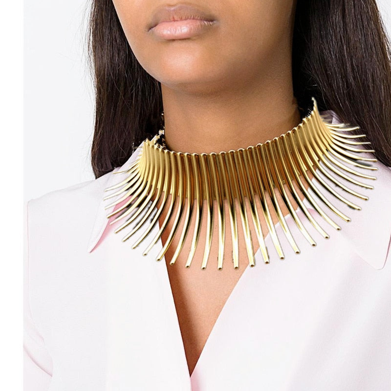 Liffly African Metal Big Torques Statement Gold Necklace for Women Thorn Collar Choker Necklaces Punk Jewelry