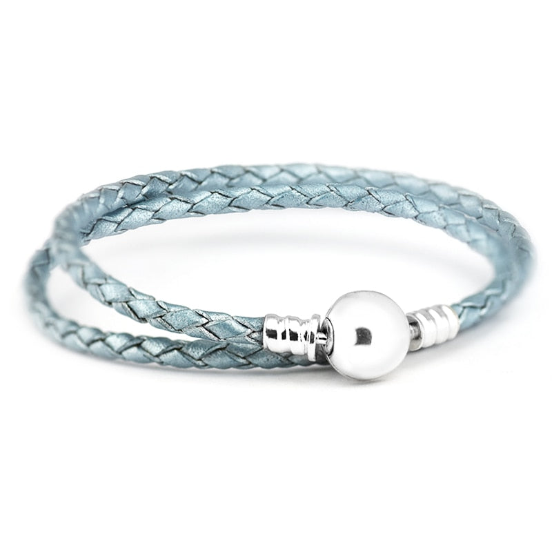 Light Blue Leather Chain Bracelet 100% 925 Sterling Silver Snake Ball Clasp for Women Men Fit Charm Beads Diy PLR502