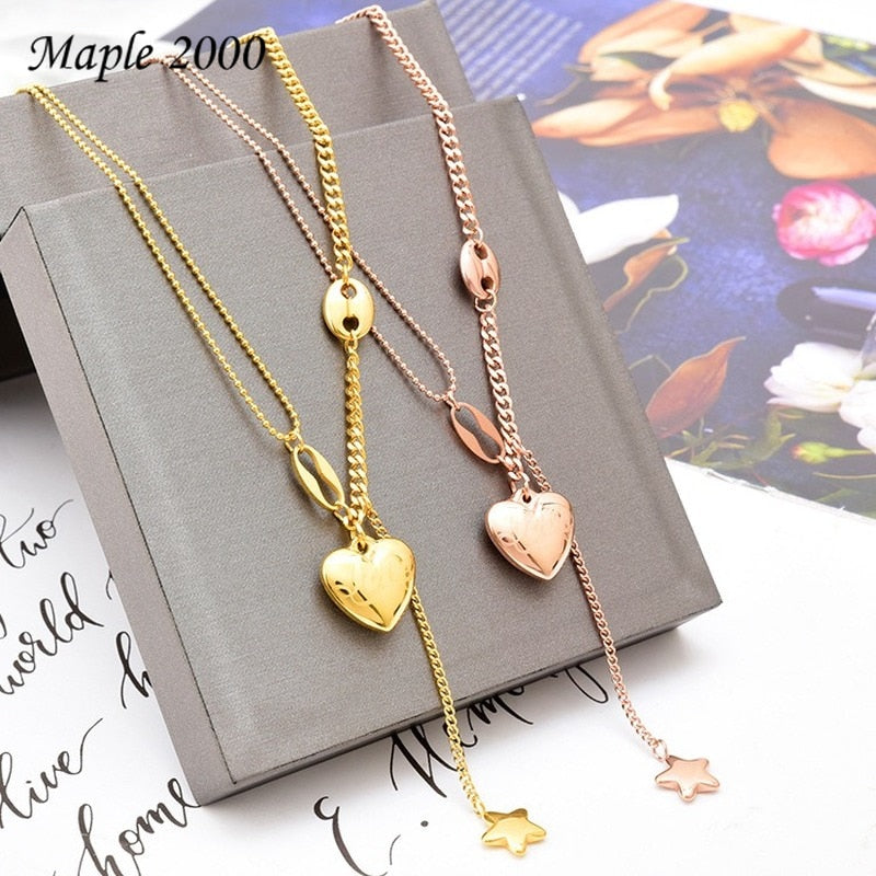Light  Pig Nose Asymmetric Love Pendant Clavicle Chain Simple Personality Five-pointed Star Tassel Necklace Trend Jewelry