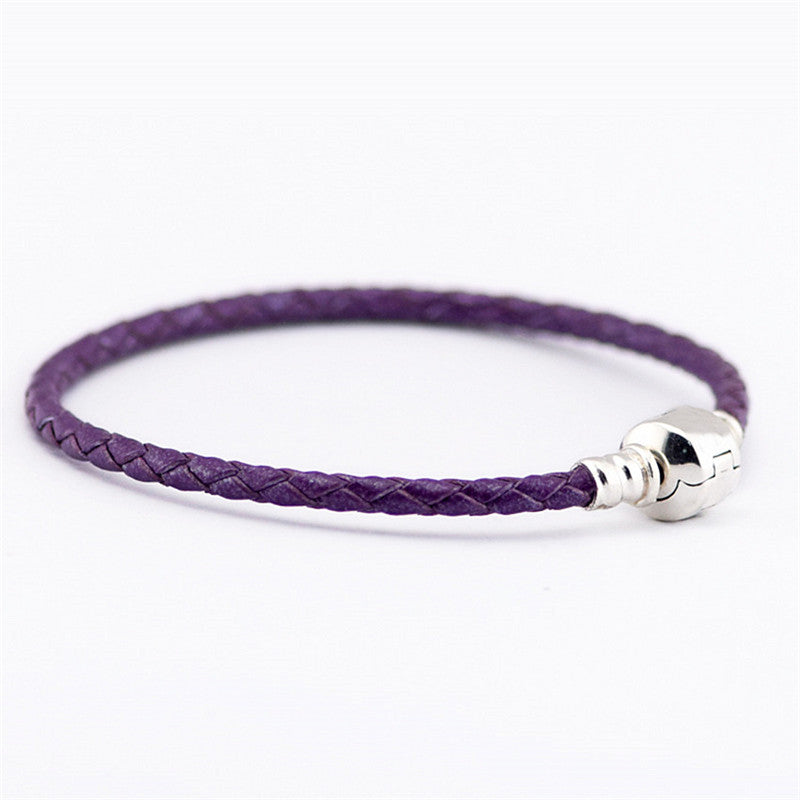 Light Purple Leather Charm Bracelets for Women 100% 925 Sterling Silver Snake Barrel Clasp Charm Beads Bracelet Diy PLE017