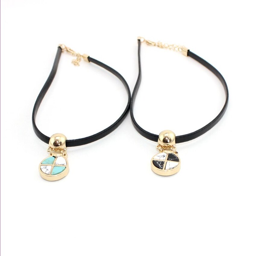 Light Yellow Gold Color Alloy Mixed Green Turquoises and White Howlite Stone Pendant Choker Necklace Black Rope Chain Jewelry