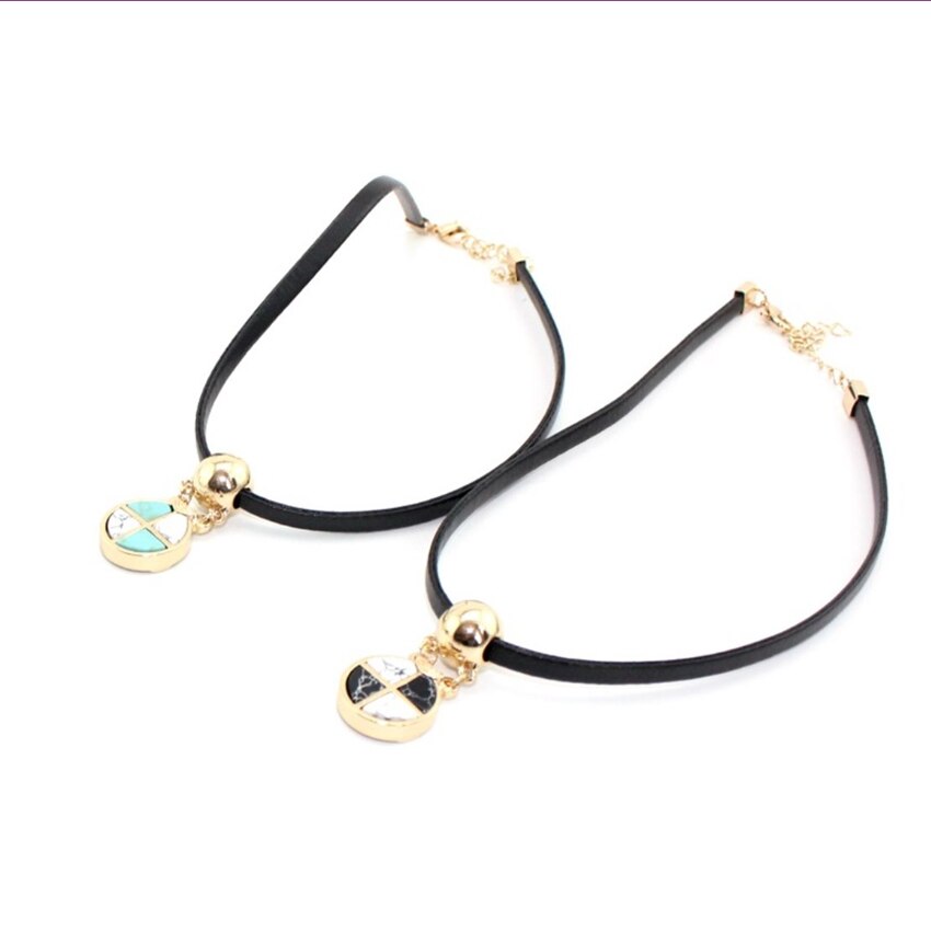 Light Yellow Gold Color Alloy Mixed Green Turquoises and White Howlite Stone Pendant Choker Necklace Black Rope Chain Jewelry