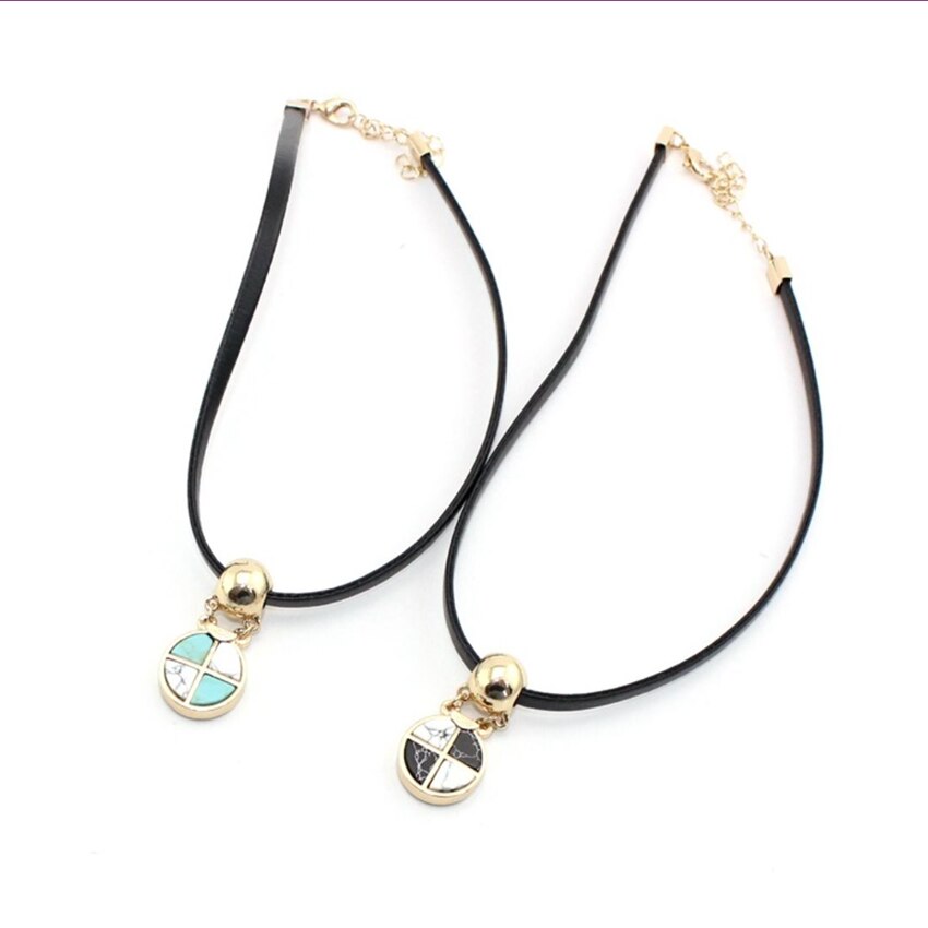 Light Yellow Gold Color Alloy Mixed Green Turquoises and White Howlite Stone Pendant Choker Necklace Black Rope Chain Jewelry