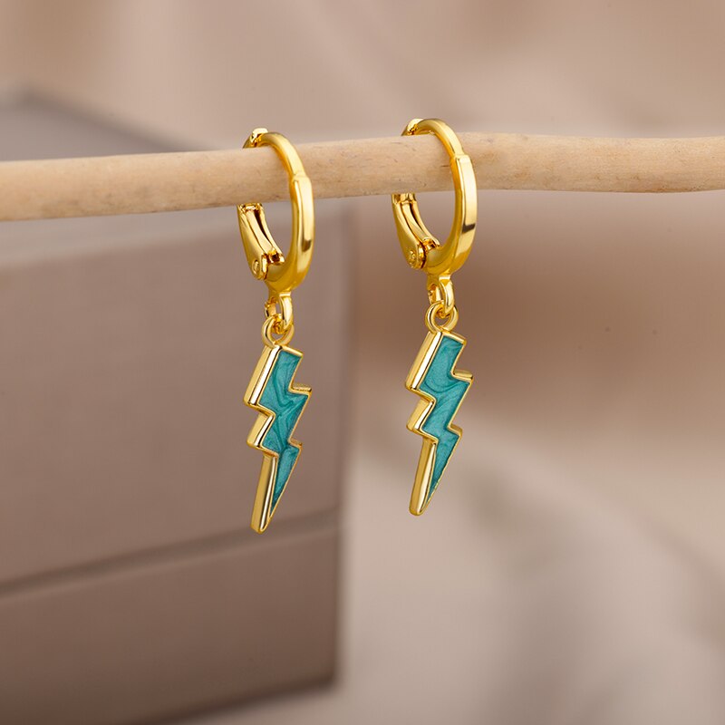 Lightning Drop Earrings for Women Gold Plated Stainless Steel Green Enamel Earrings 2023 Trend Couple Party Jewelry pendientes