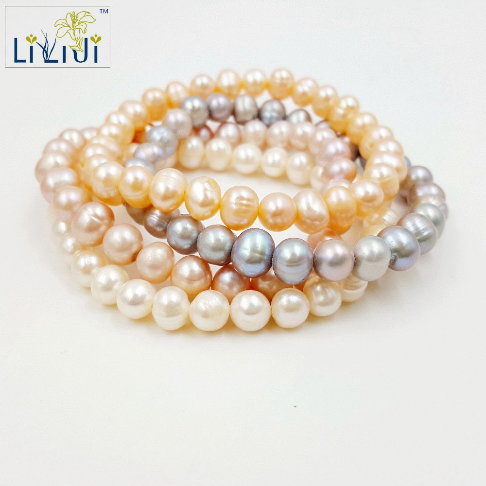 4 pcs Natural White Pink Purple Grey Pearl Jewelry 7-8mm Bracelet Total size about 7.5''