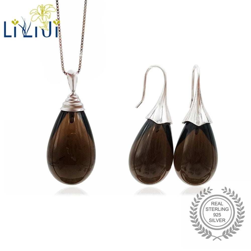 925 Sterling Silver Natural Smoky Quartz Tear Shape Fine Jewelry Set For Wedding Party Christmas Valentine's D Gift