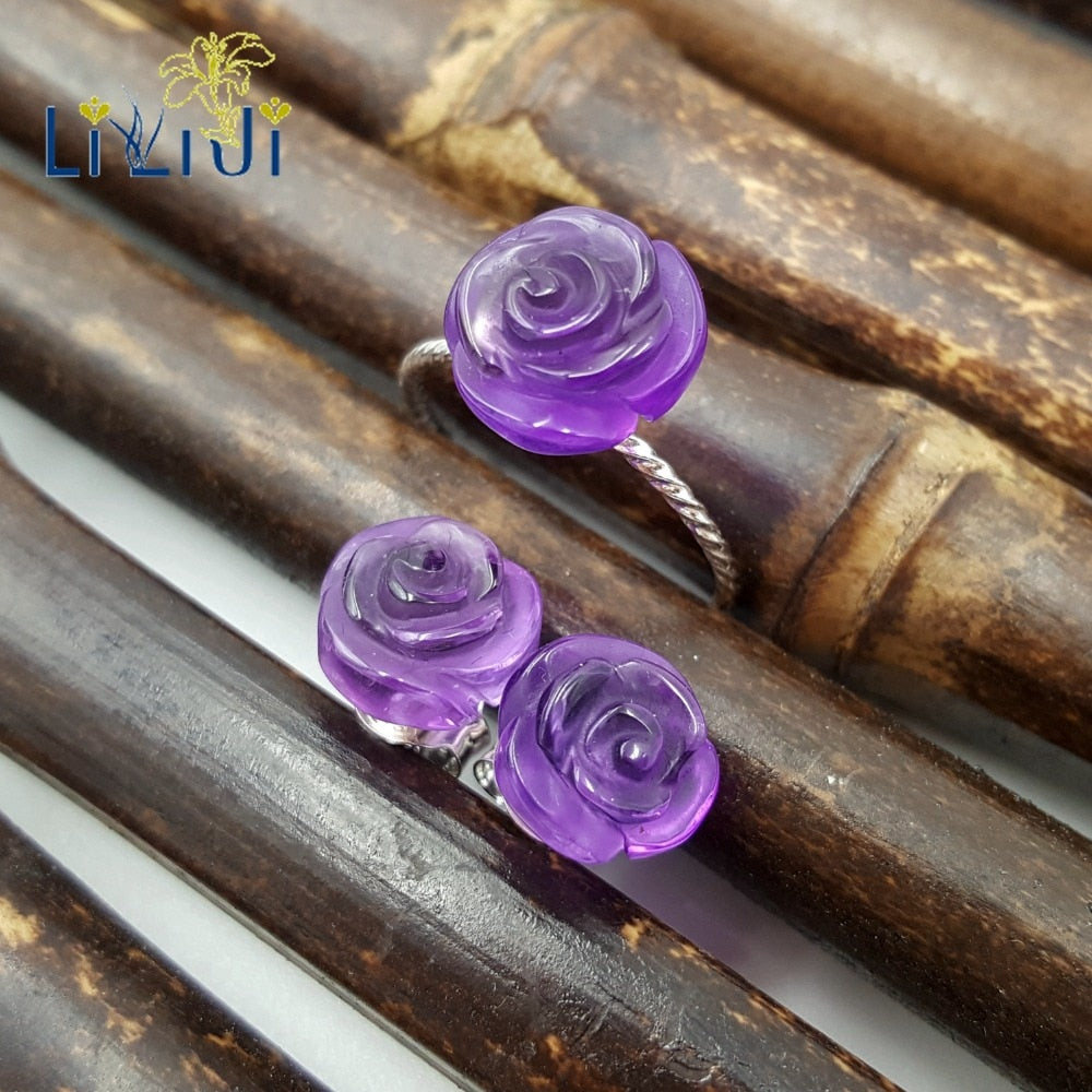 925 Sterling Silver Real Amethyst Rose Flower Shape Fine Jewelry Set For Wedding Party Christmas Valentine's D Gift