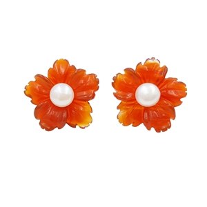 Classic Natural Agate Flower with Pearl 925 Sterling Silver Stud Earring size about 20mm