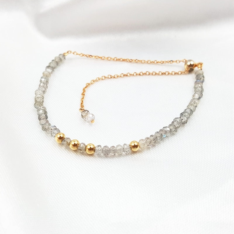 Gemstone Labradorite 2x3mm 925 Sterling silver Gold Color Bracelet