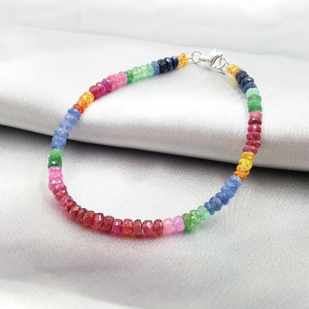 Gemstone Natrual Ruby,Rainbow Sapphire,Emerald 925 Sterling Silver Clasp Bracelet