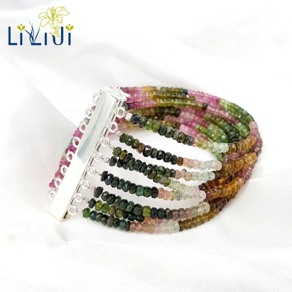 Gemstone Natural Rainbow Tourmaline 925 Sterling Silver Clasp Fine Jewelry Bracelet For Women/Mother/Girl Friend Gift