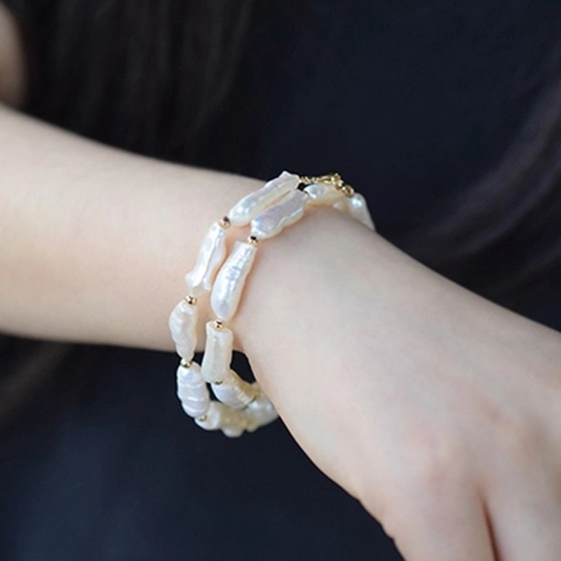 Gemstone White Baroque Pearl 925 Sterling silver Gold Color Lobster Clasp 2 rows Bracelet Fancy Jewelry