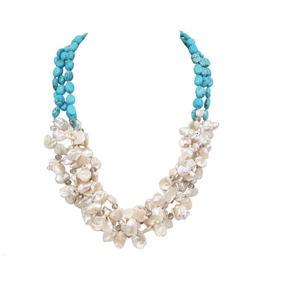 Keshi Pearl Dye Color White turquoise 3 Rows Necklace