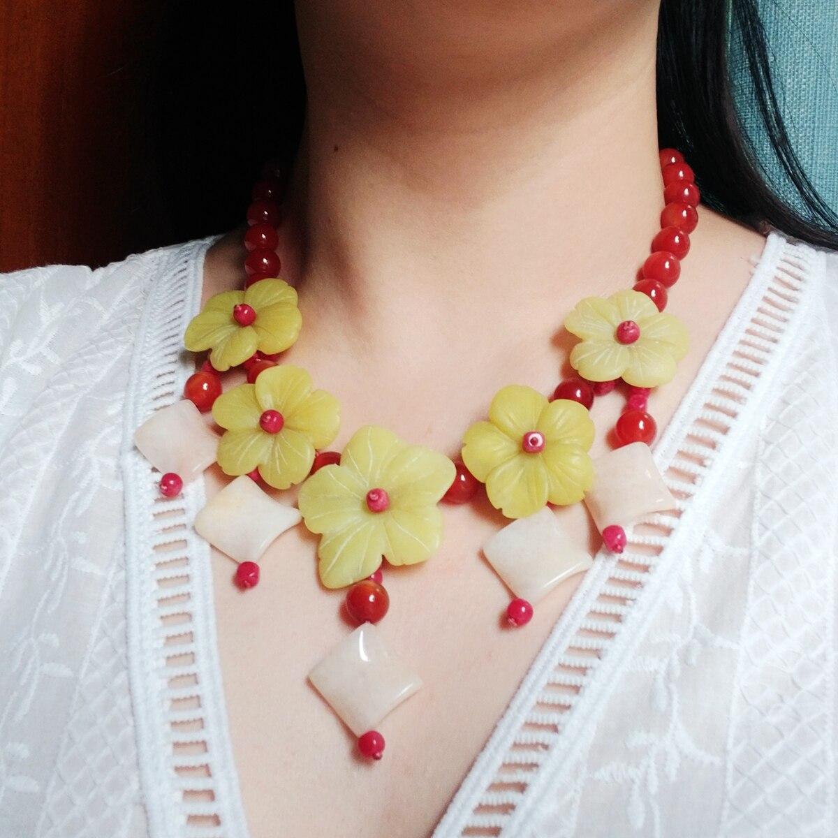 Lii Ji Korea Jades Flowers Statement Necklace 49cmTassels Agates Red Jade Yellow jade Big Necklace for Women Party Jewelry