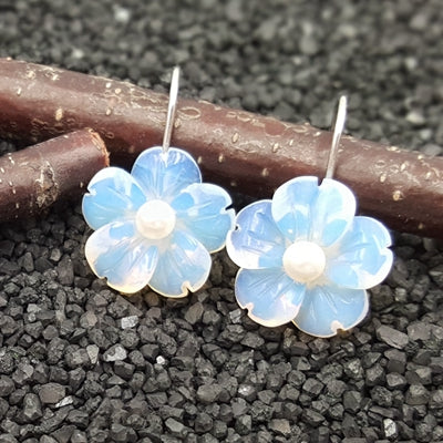 Real 925 Sterling Silver Opal Crystal Flower Pearl/Black Spinel Earrings