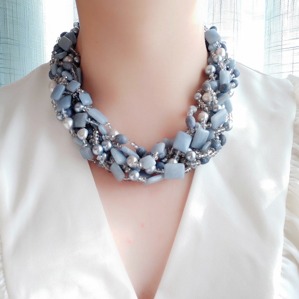 Lii Ji Real Stone Big Necklace 52cm Blue Angelite Crystal Baroque Pearl Coral Statement Necklace Women Jewelry Gift
