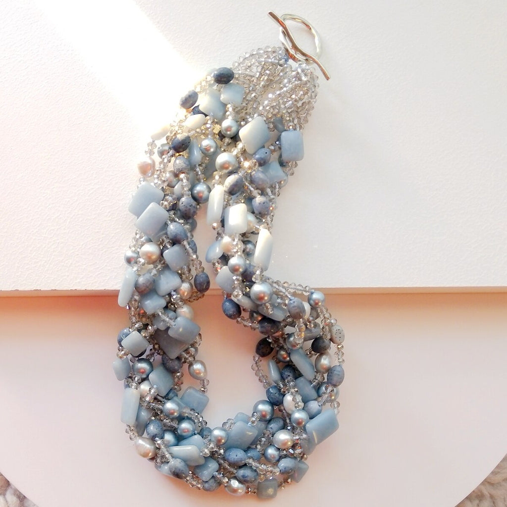 Lii Ji Real Stone Big Necklace 52cm Blue Angelite Crystal Baroque Pearl Coral Statement Necklace Women Jewelry Gift