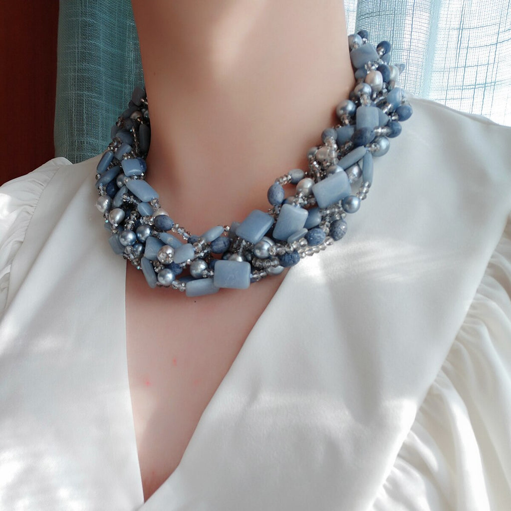 Lii Ji Real Stone Big Necklace 52cm Blue Angelite Crystal Baroque Pearl Coral Statement Necklace Women Jewelry Gift