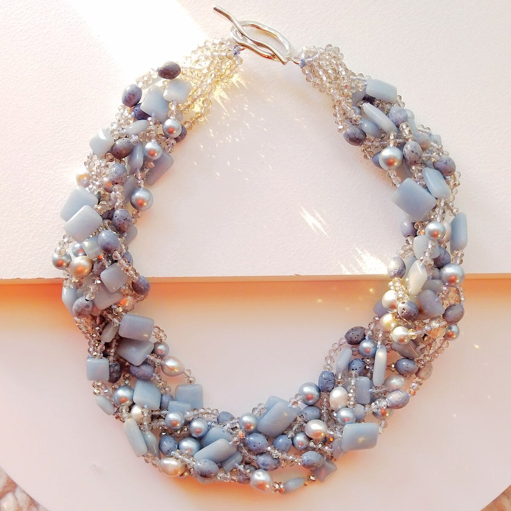 Lii Ji Real Stone Big Necklace 52cm Blue Angelite Crystal Baroque Pearl Coral Statement Necklace Women Jewelry Gift