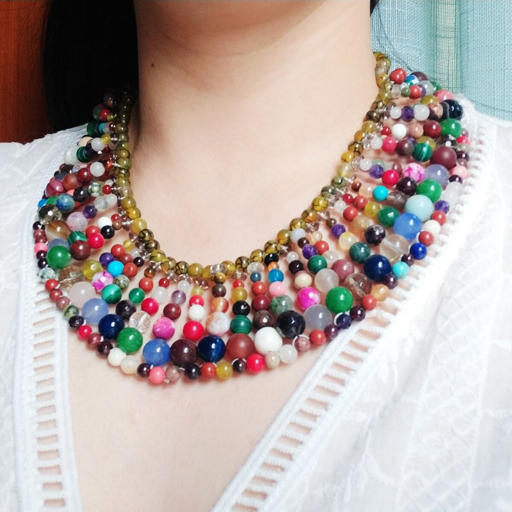 Lii Ji Real Stone Mutil Color Statement Necklace 49cm Agates Jaspers Quartzs Necklace Women Jewelry Stock sale