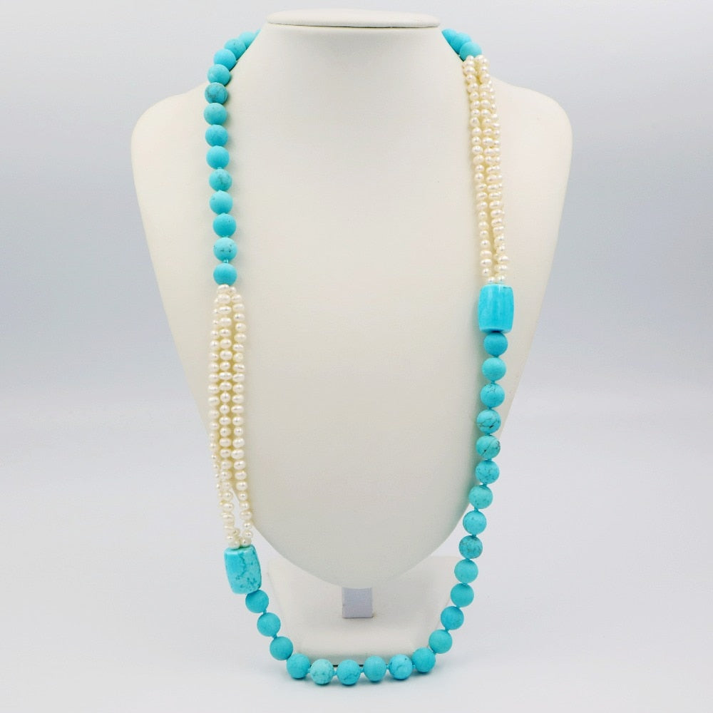 LiiJi Unique Fashion Necklace Turquoises 10mm &Freshwater Pearl Long Sweather Necklace 30''/76cm